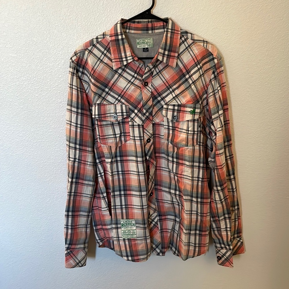 LRG Flannel Plaid Shirt Pink White Navy Blue